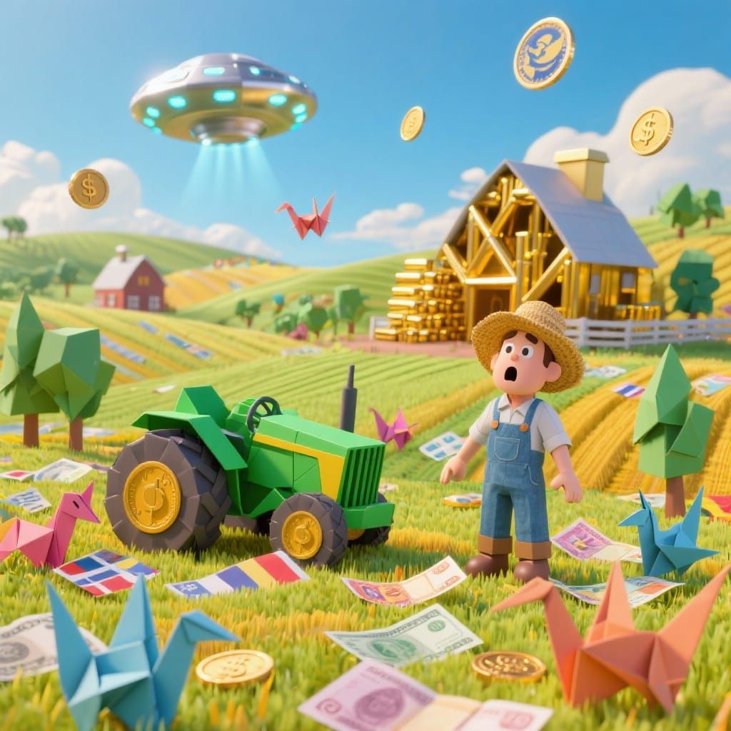Surreal Papercraft Farm with Money Fields & UFO Coins