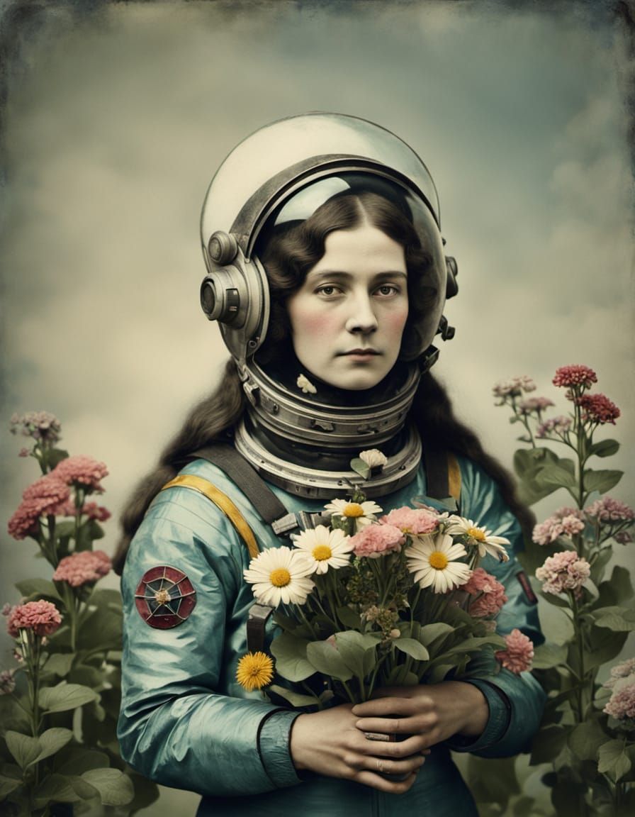 Victorian-Style Astronaut Mourning in a Floral Haven