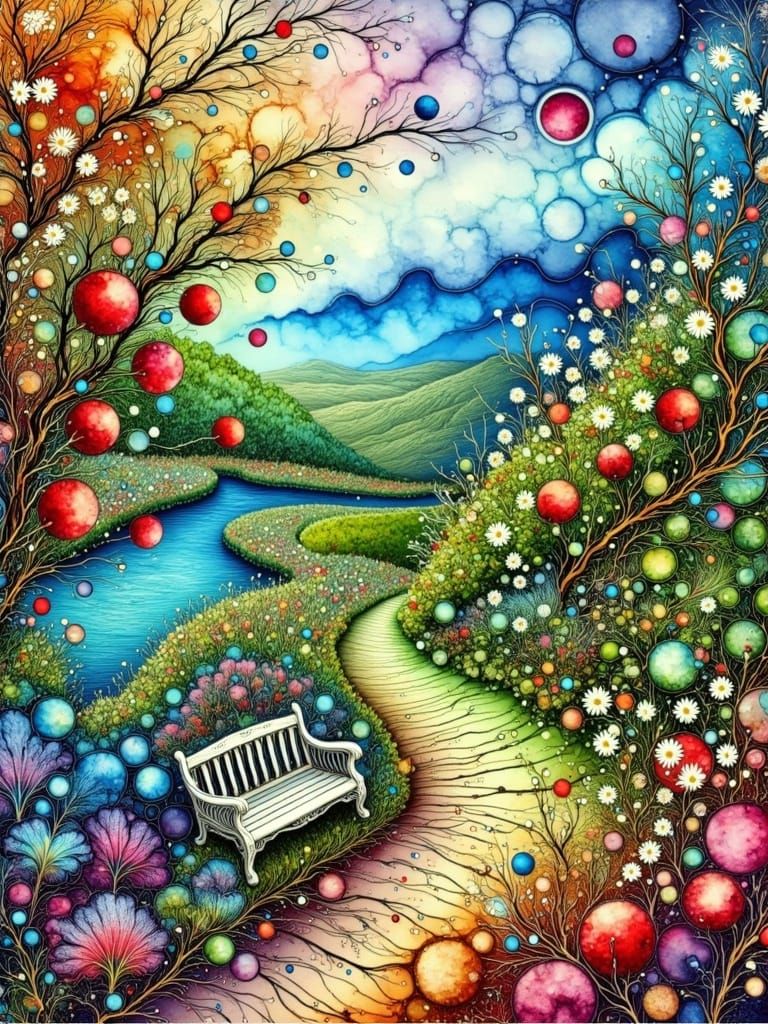 Vibrant Orchard Landscape in Impressionist Style