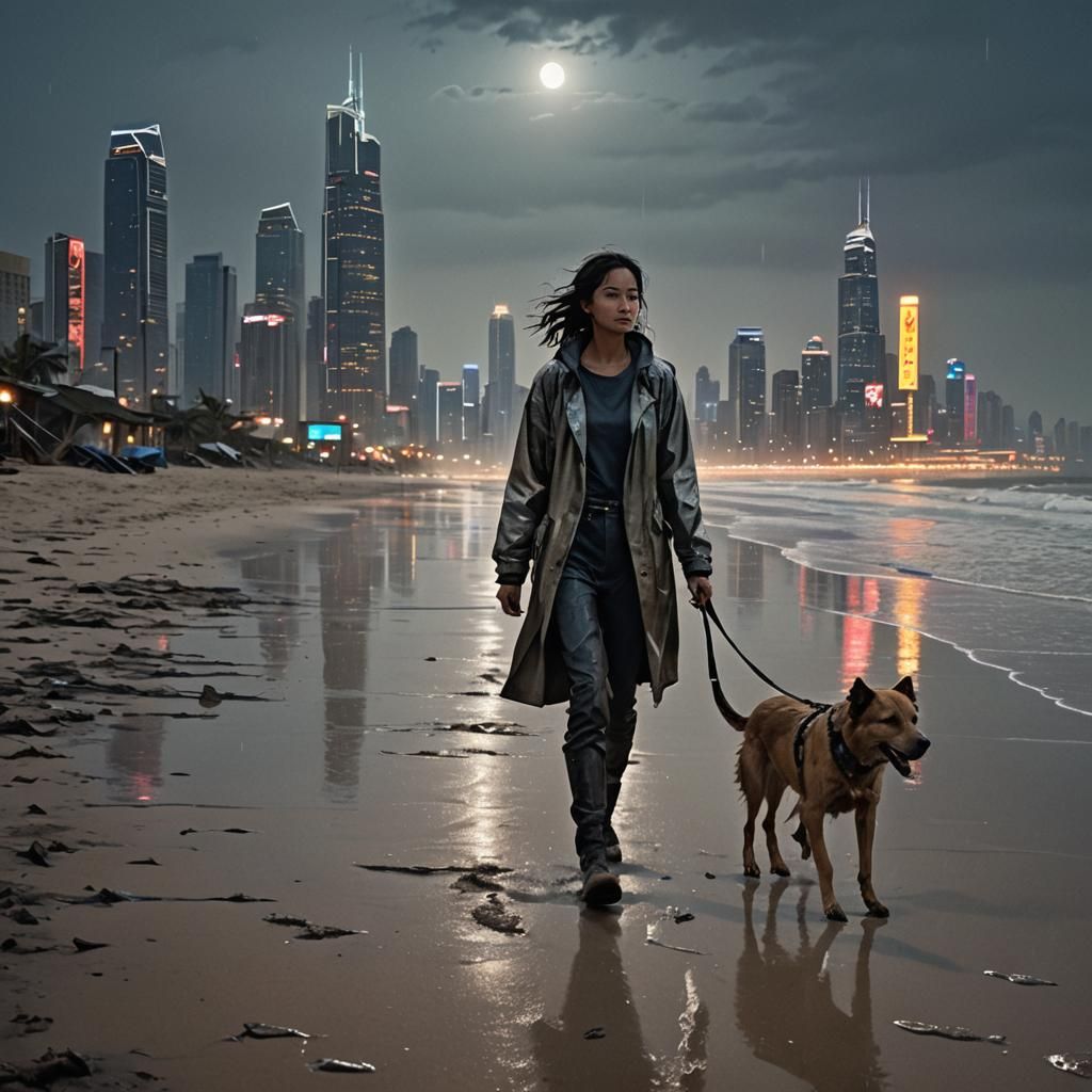 Cyberpunk Android Walks Beach with Girl and Dog