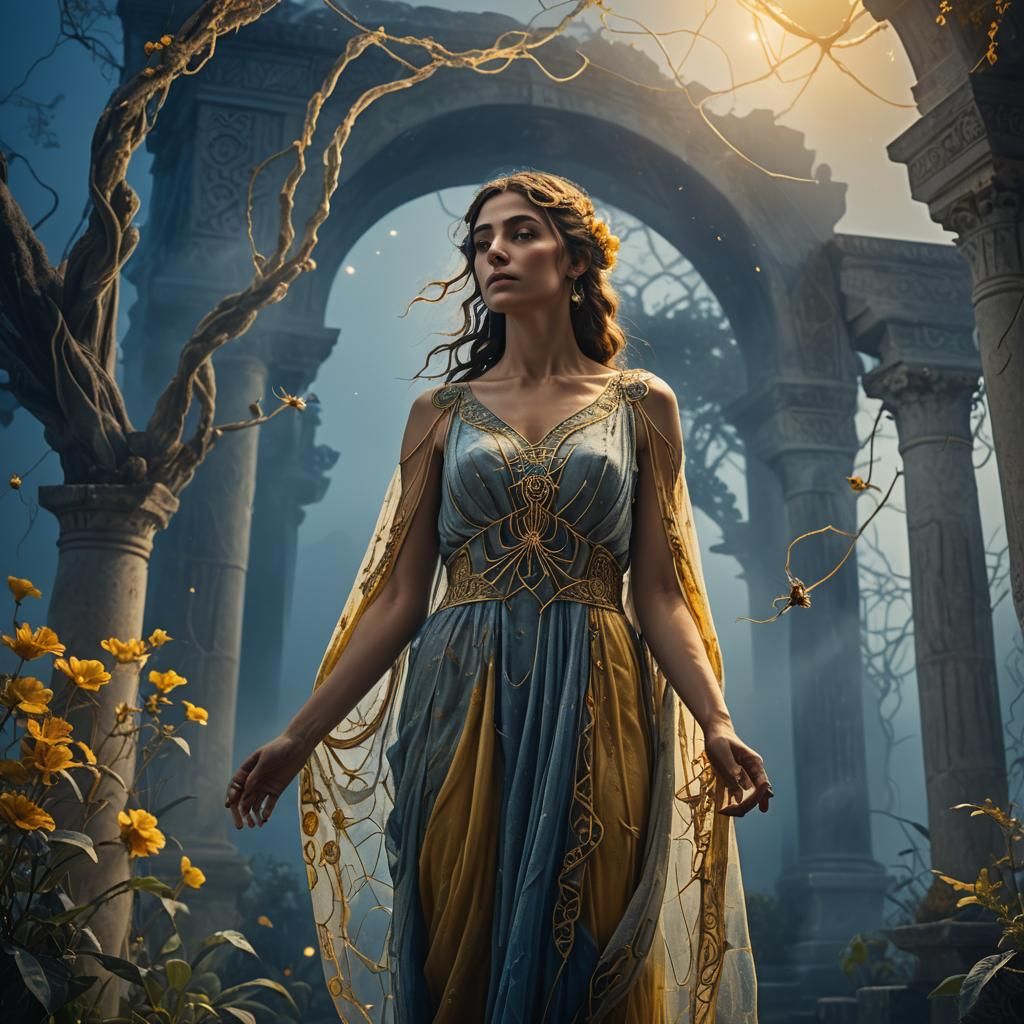 Woman with Spider Legs in Moonlit Garden