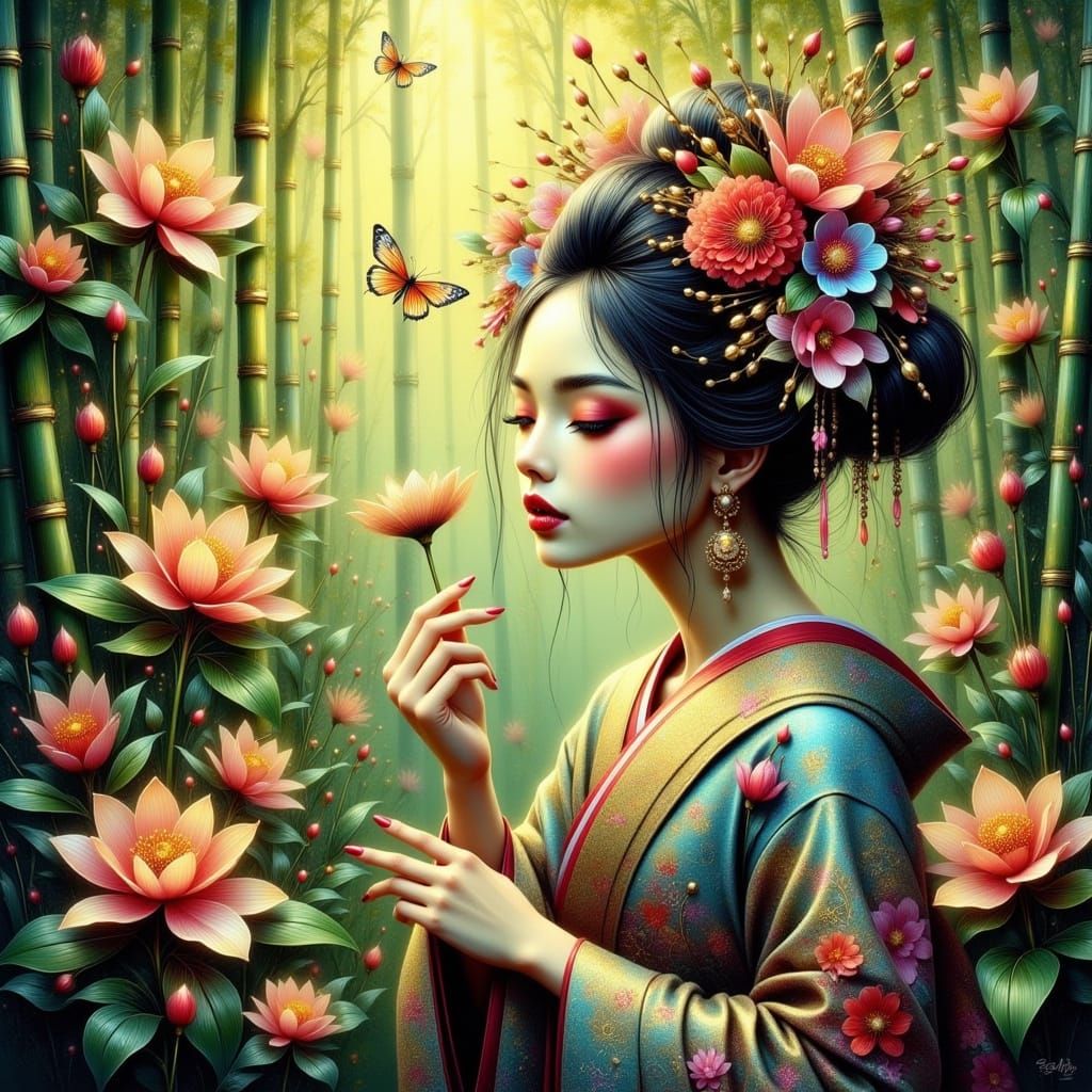 Geisha Fairy in Bamboo Forest: Watercolor Art