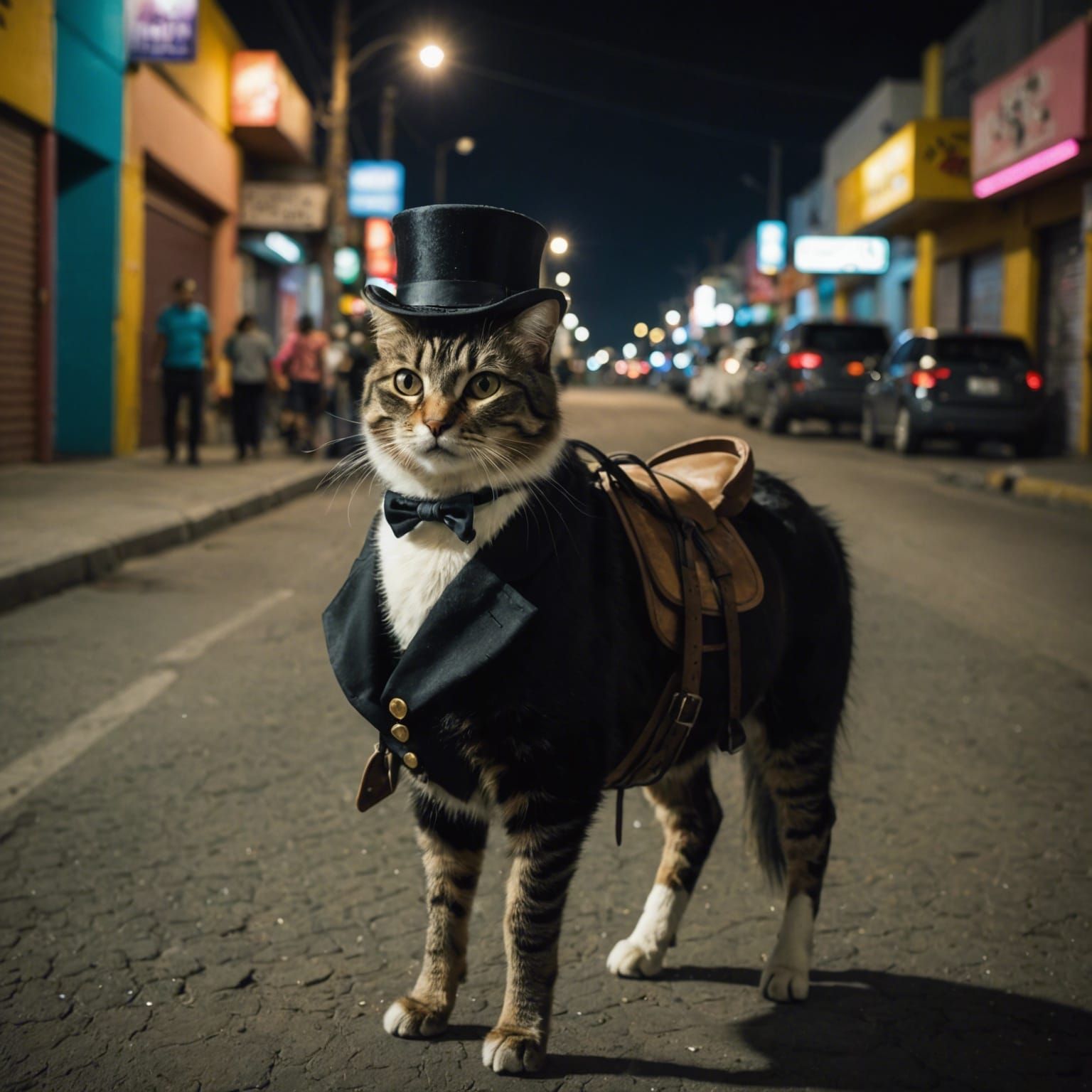Cat in Top Hat Rides Pony in Tijuana