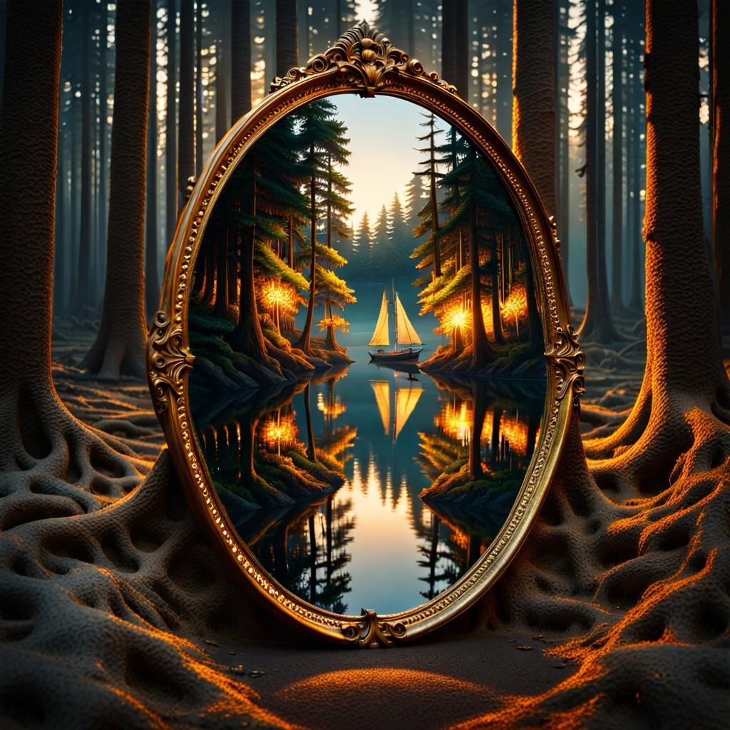 Dark Forest Road Mirror Reflects Sailboats