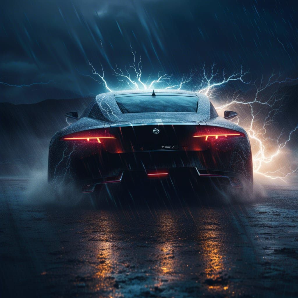 Electric Car in Storm: Hyperdetailed Fantasy Art
