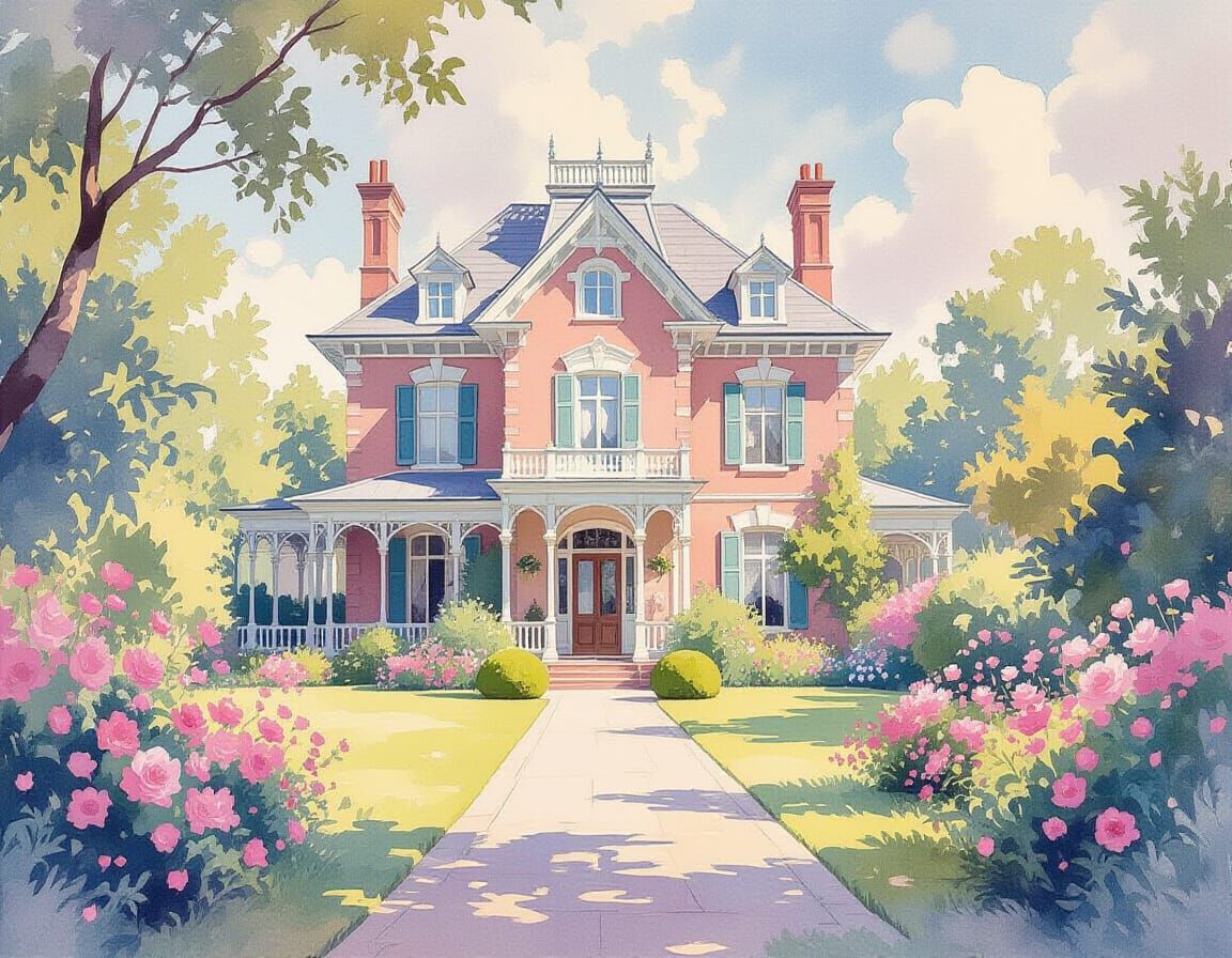 Victorian Mansion with Pastel Flowers in Whimsical Watercolo...