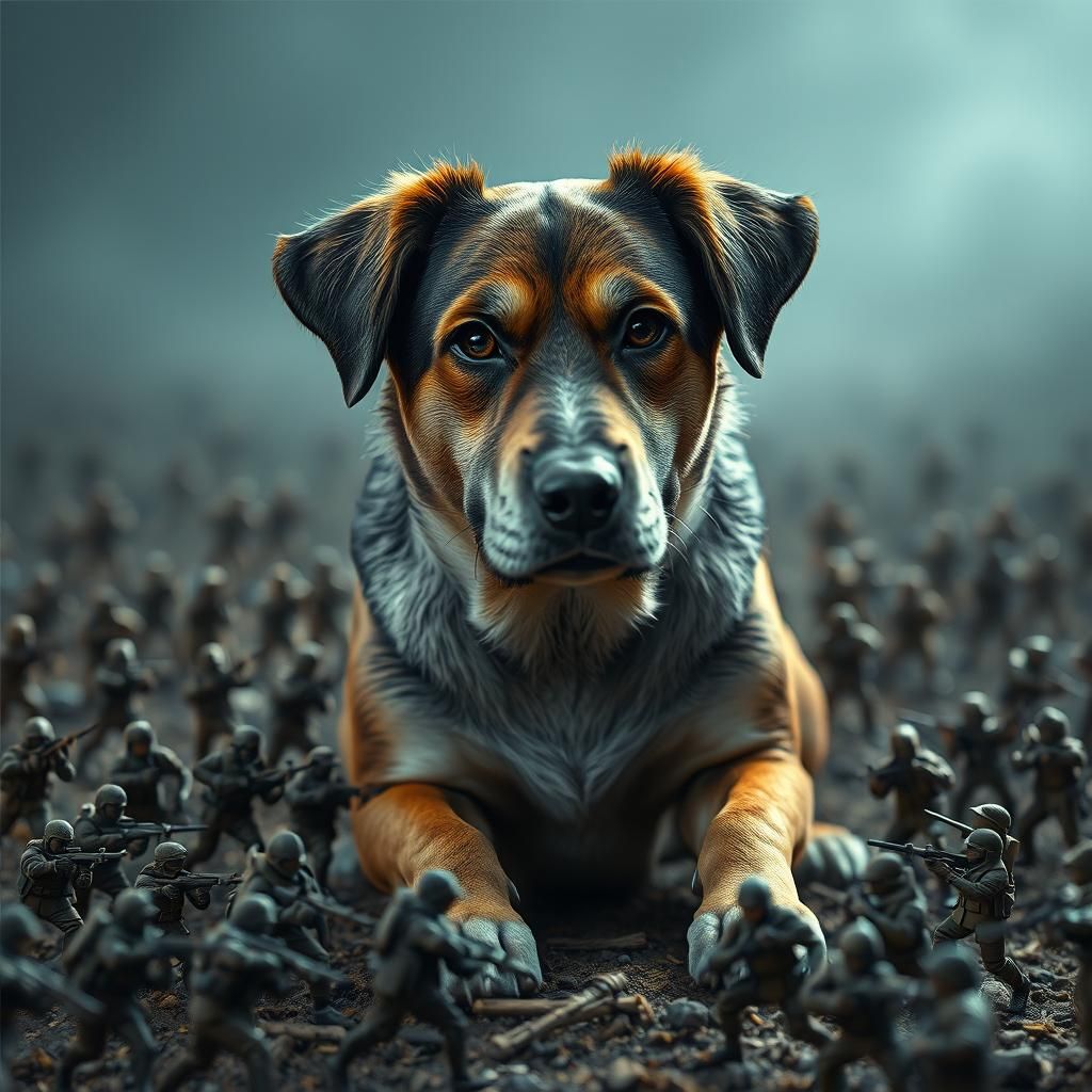Strong Dog Surrounded by Miniature Doll Soldiers
