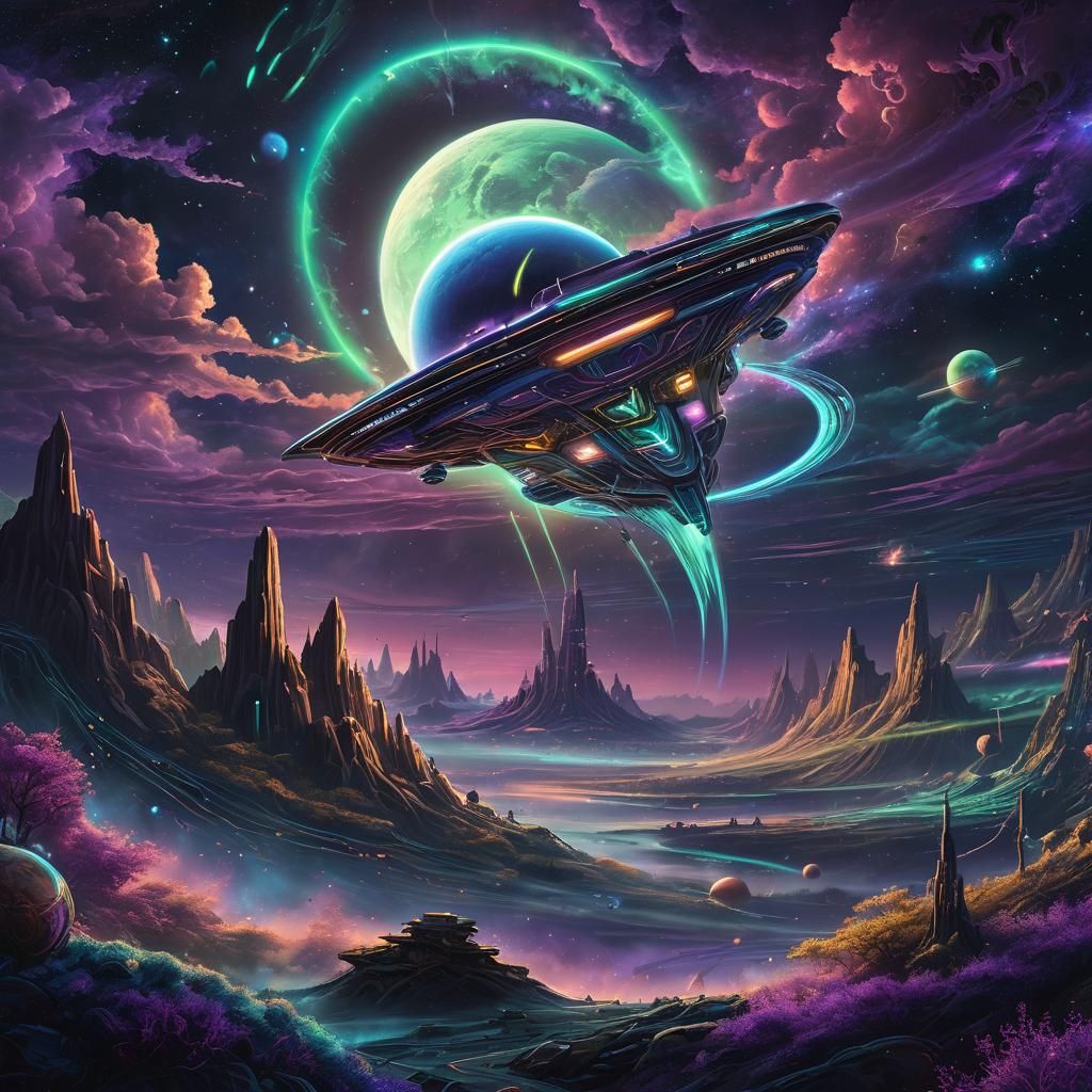 Neon Spaceship Over Alien Skyline, Astral Art