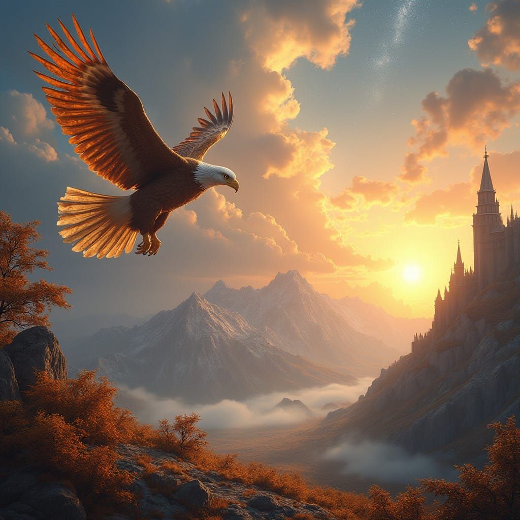 Dreamlike Fantasy Landscape with Eagle and Castle