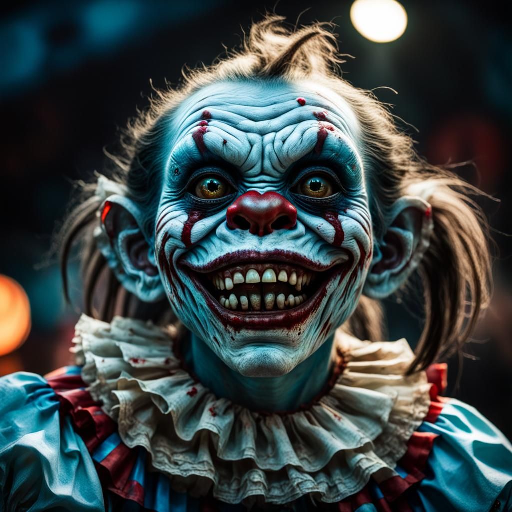 Eerie Zombie Clown Girl in Abandoned Carnival