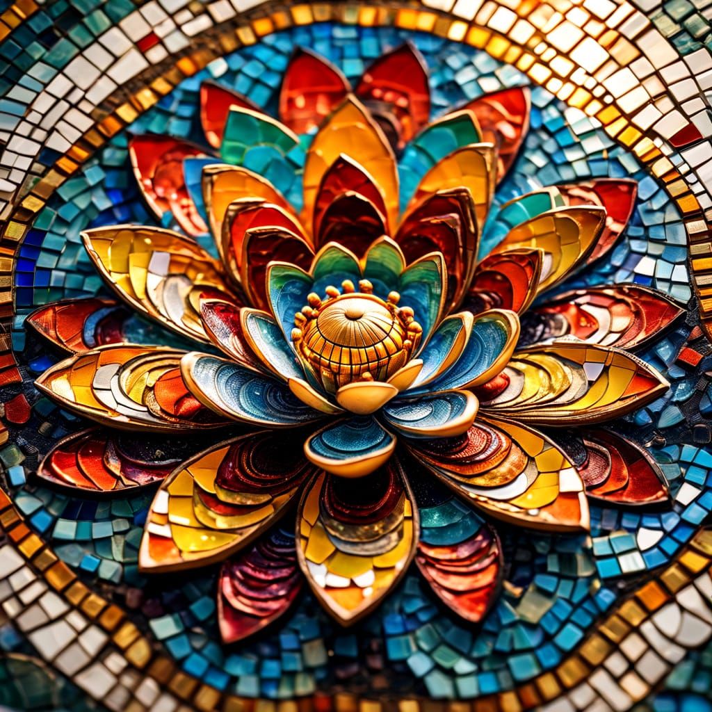 Lotus flower mosaic in style of Hundertwasser