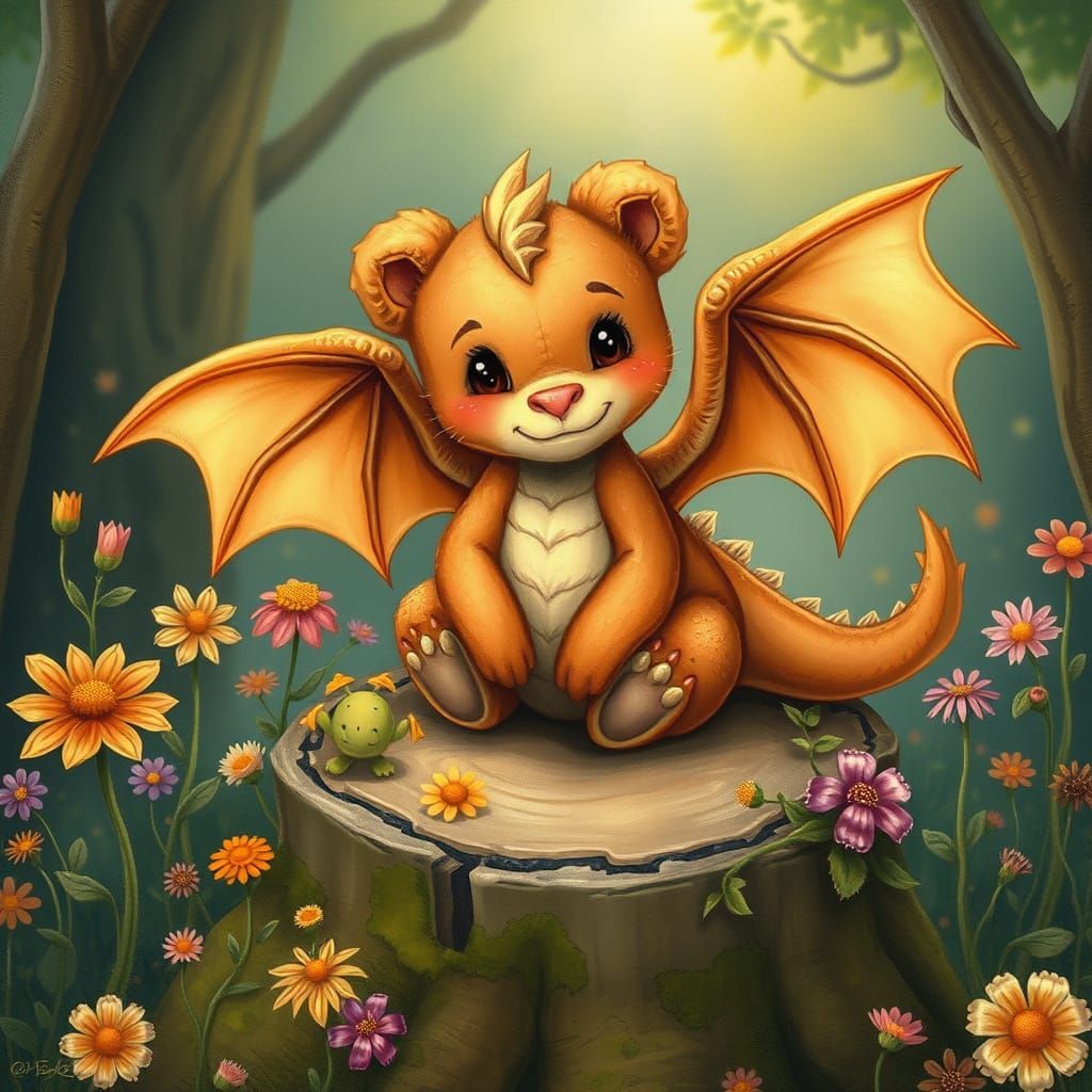 Cute Teddy Bear Dragon in Whimsical Garden