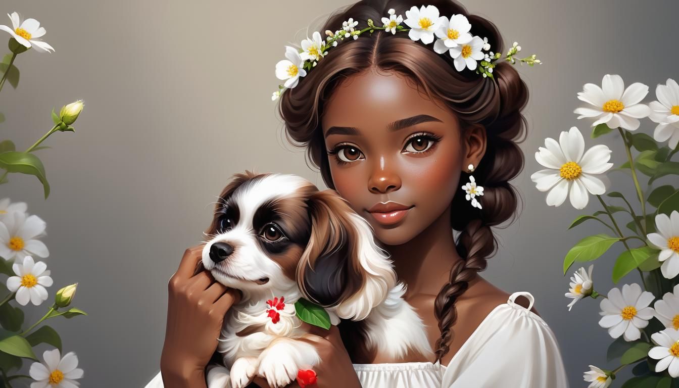 Beautiful Girl with Dog: Kawaii Digital Painting