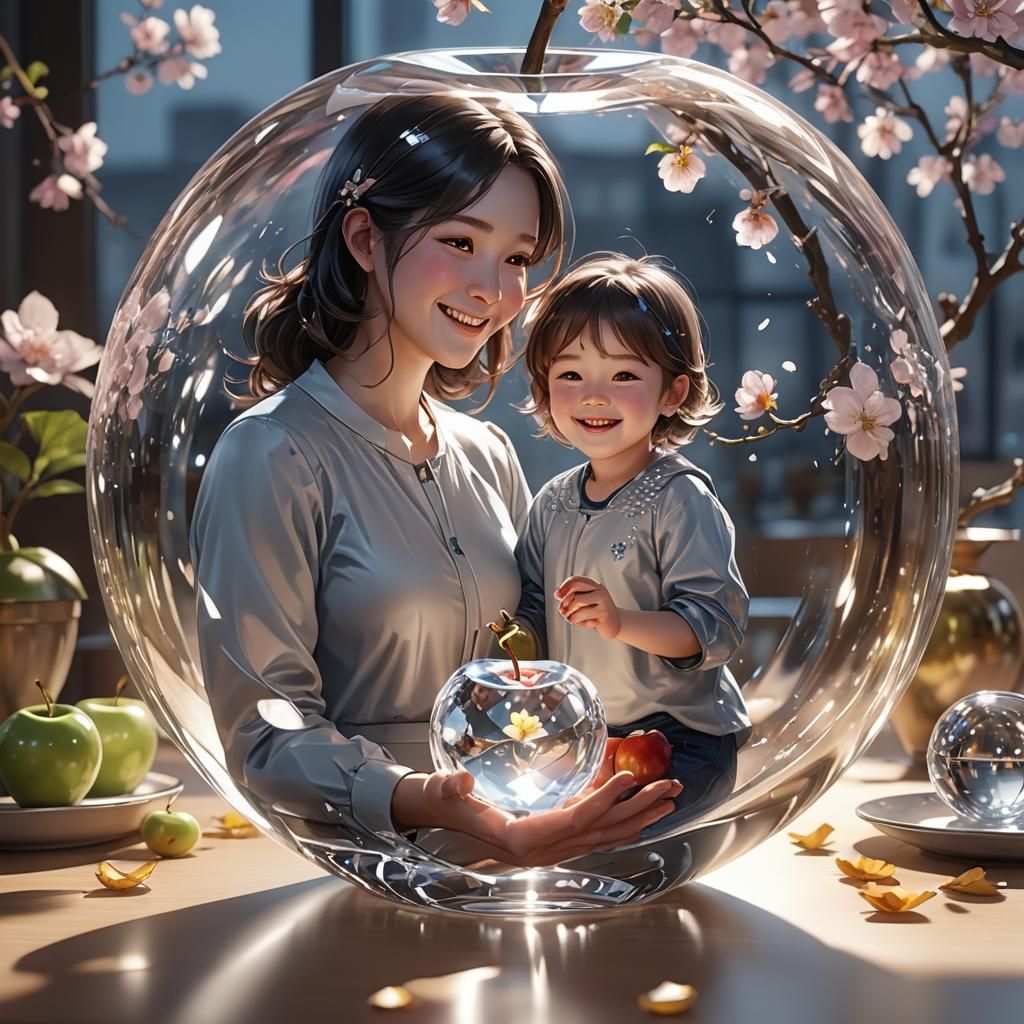 Crystal Apple Reflects Happy Mother and Child, Anime Art