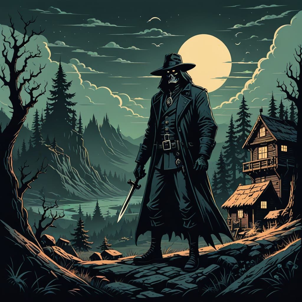 Grimdark Fantasy Landscape in Retro Illustration Style