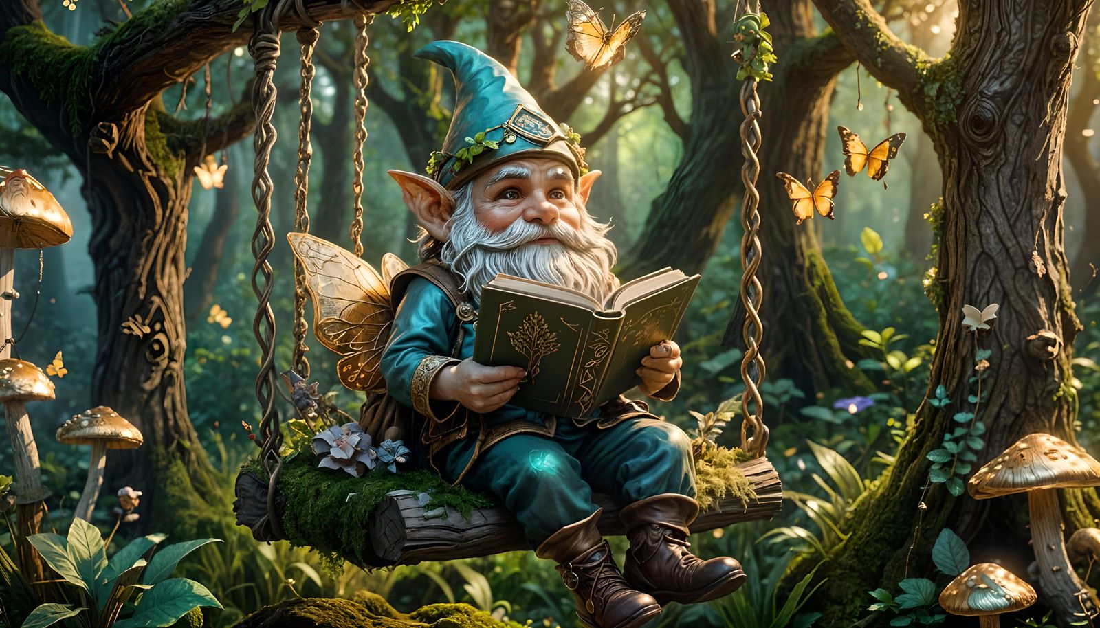 Gnome Reading on Swing in Enchanted Forest