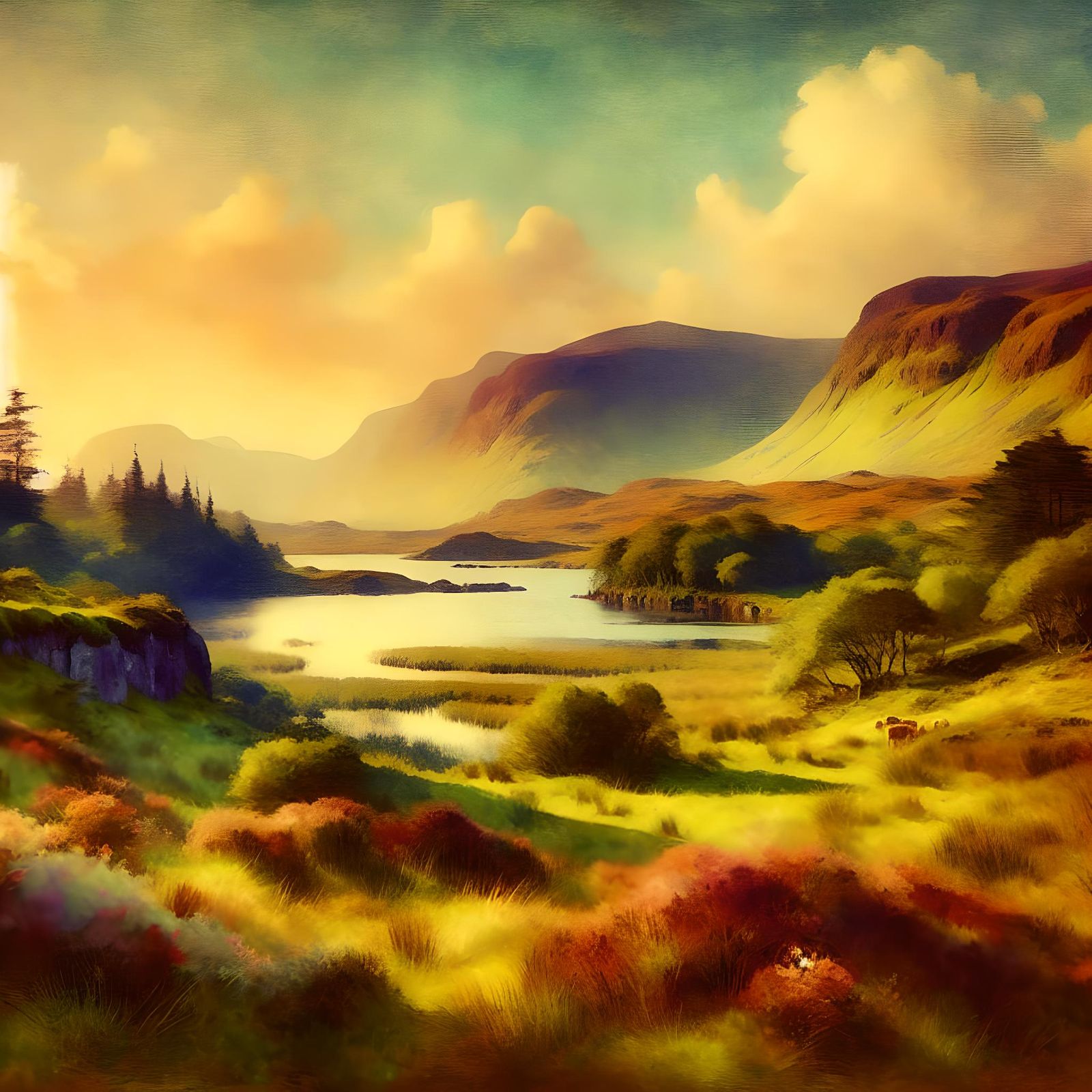 Irish Landscape with Volumetric Lighting, Watercolor Style