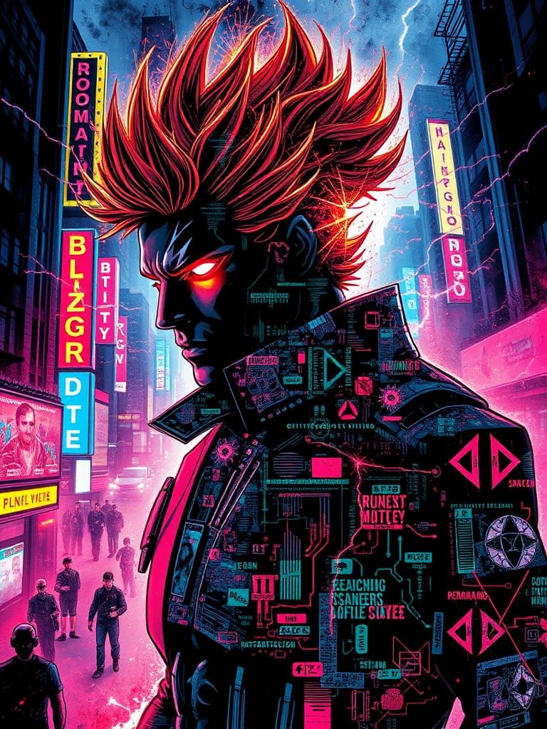 Blitzfire Double Exposure Comic Cover in Cyberpunk Style