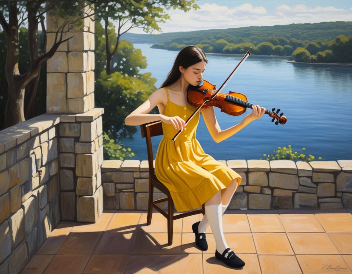 Impressionistic Girl Plays Violin on Terrace with Serene Exp...
