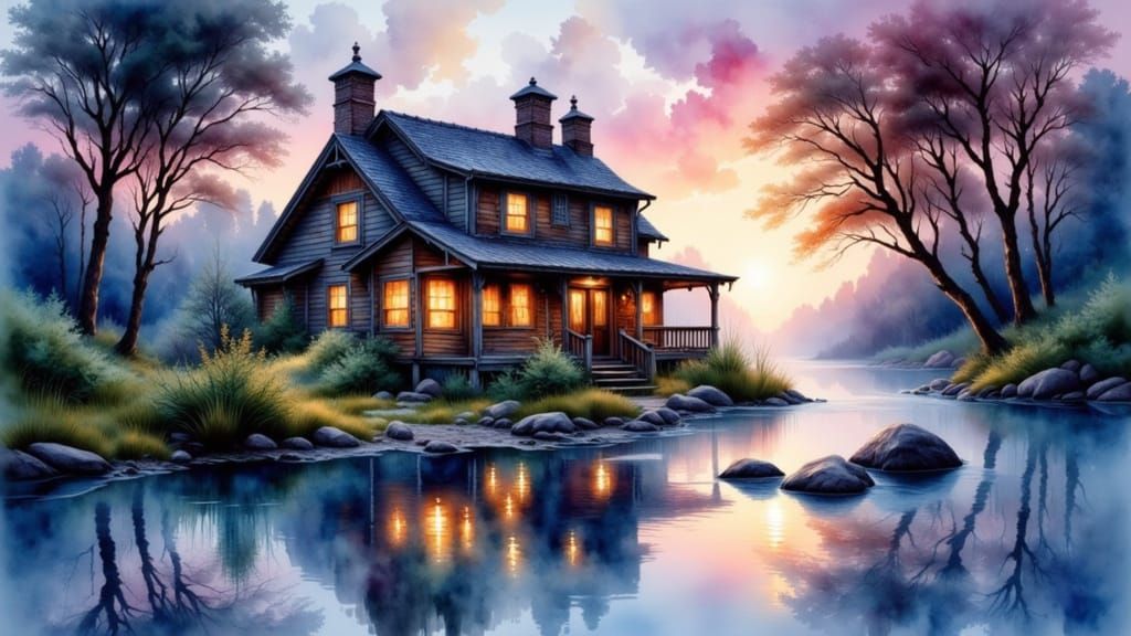 Whimsical Wood Cottage at Dusk in Ethereal Watercolor