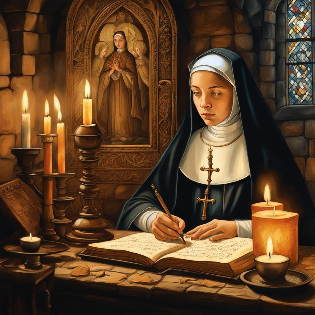 Medieval Nun Writing Manuscript, Oil Painting