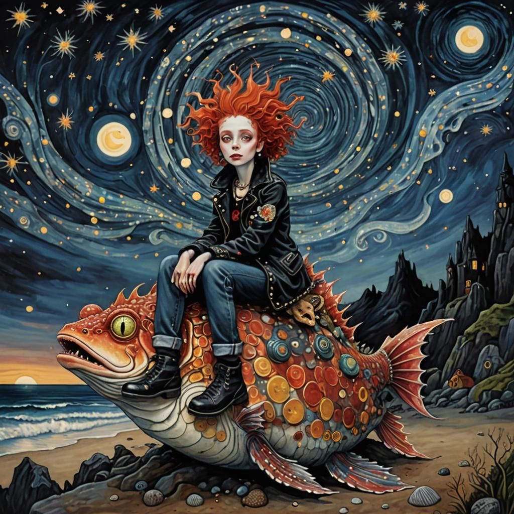 Punk Lady on Fish, Art Nouveau Style