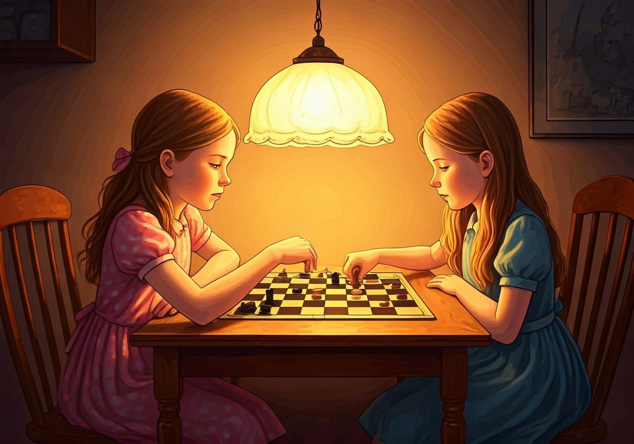 Girls Playing Checkers in Whimsical Illustration Style