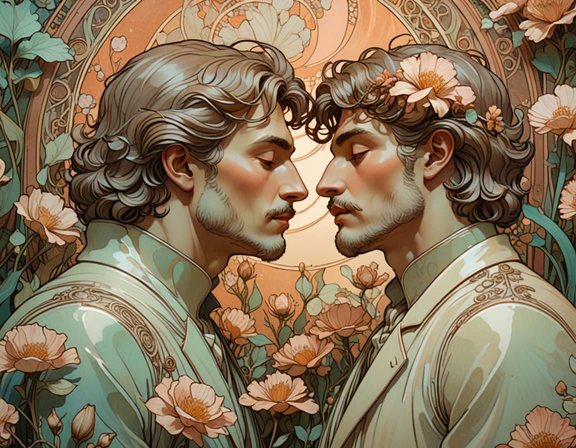 Romantic Kiss on Mars in Art Nouveau Style