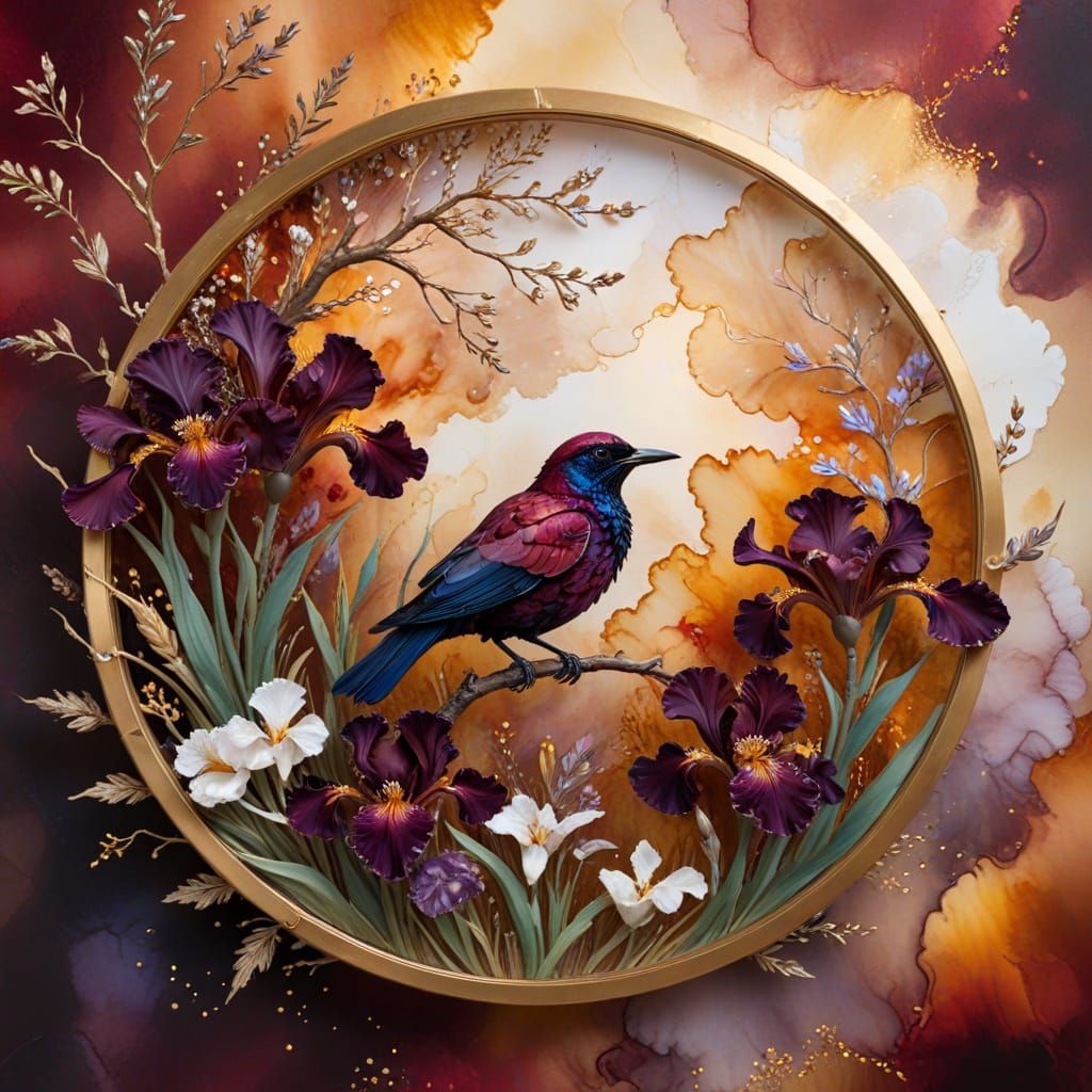 Alcohol Ink Art: Iris Flowers, Tree, and Bird in Gold Frame