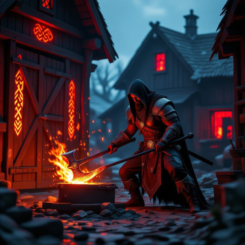 A dark elf is forging a battle axe from red hot metal. The w...