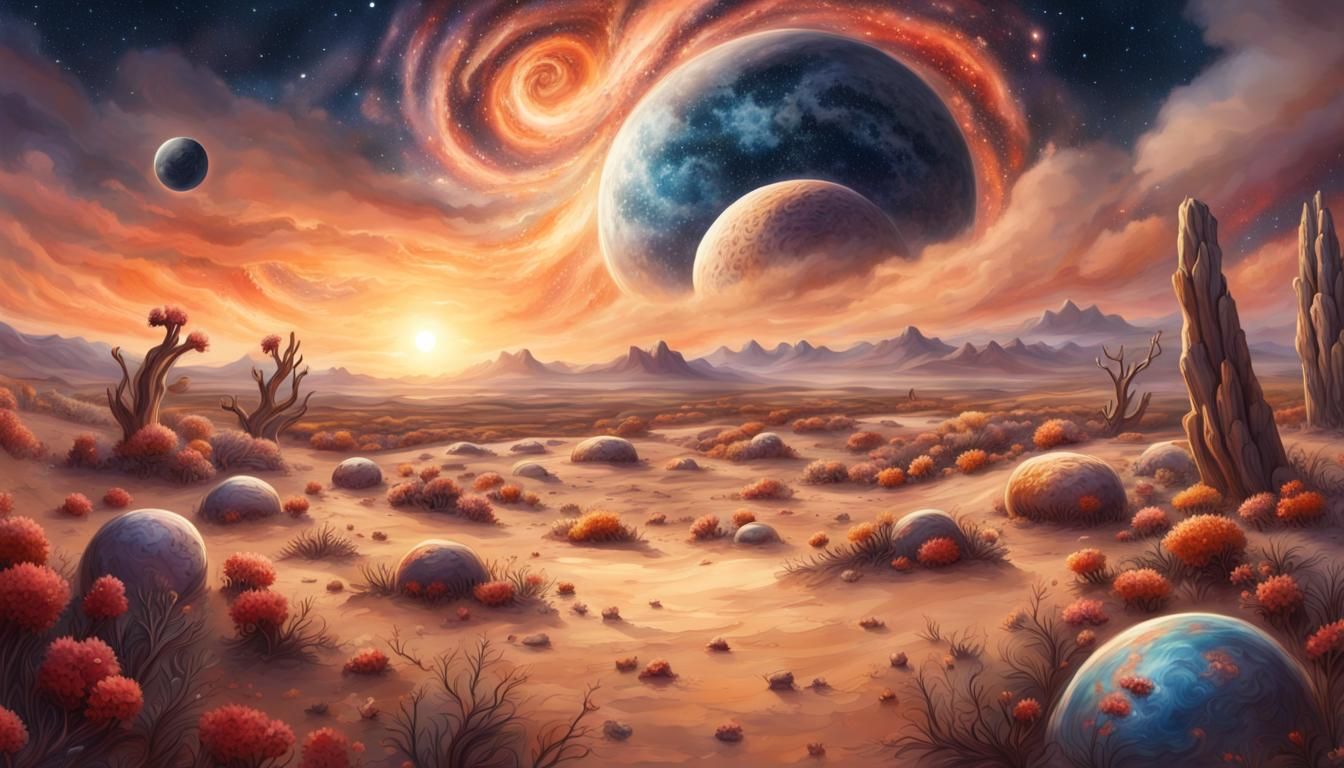 Planets in a Flower Desert: Ornate Oil Painting