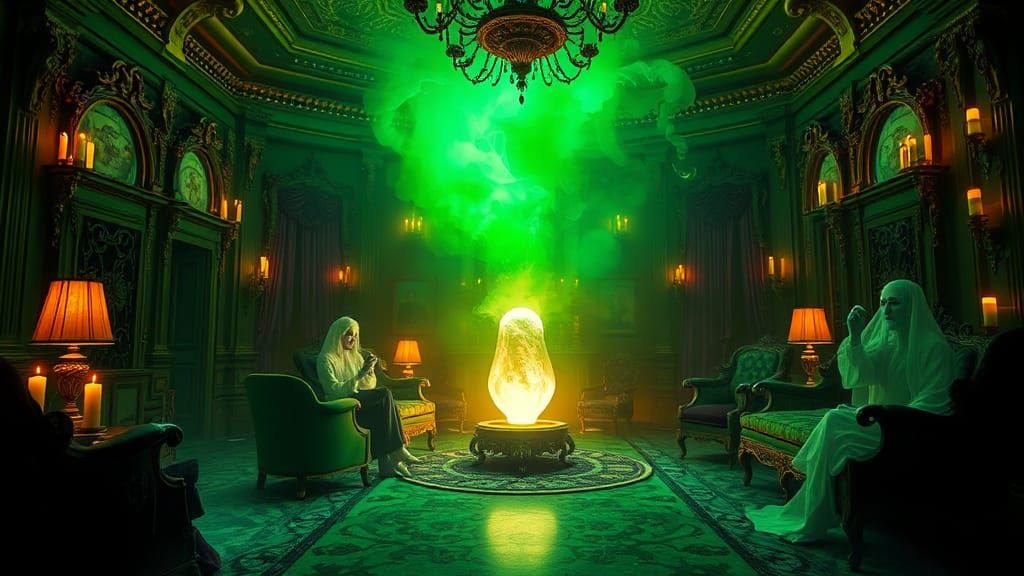 Mystical Seance in Emerald Salon, Dark Fantasy Concept Art