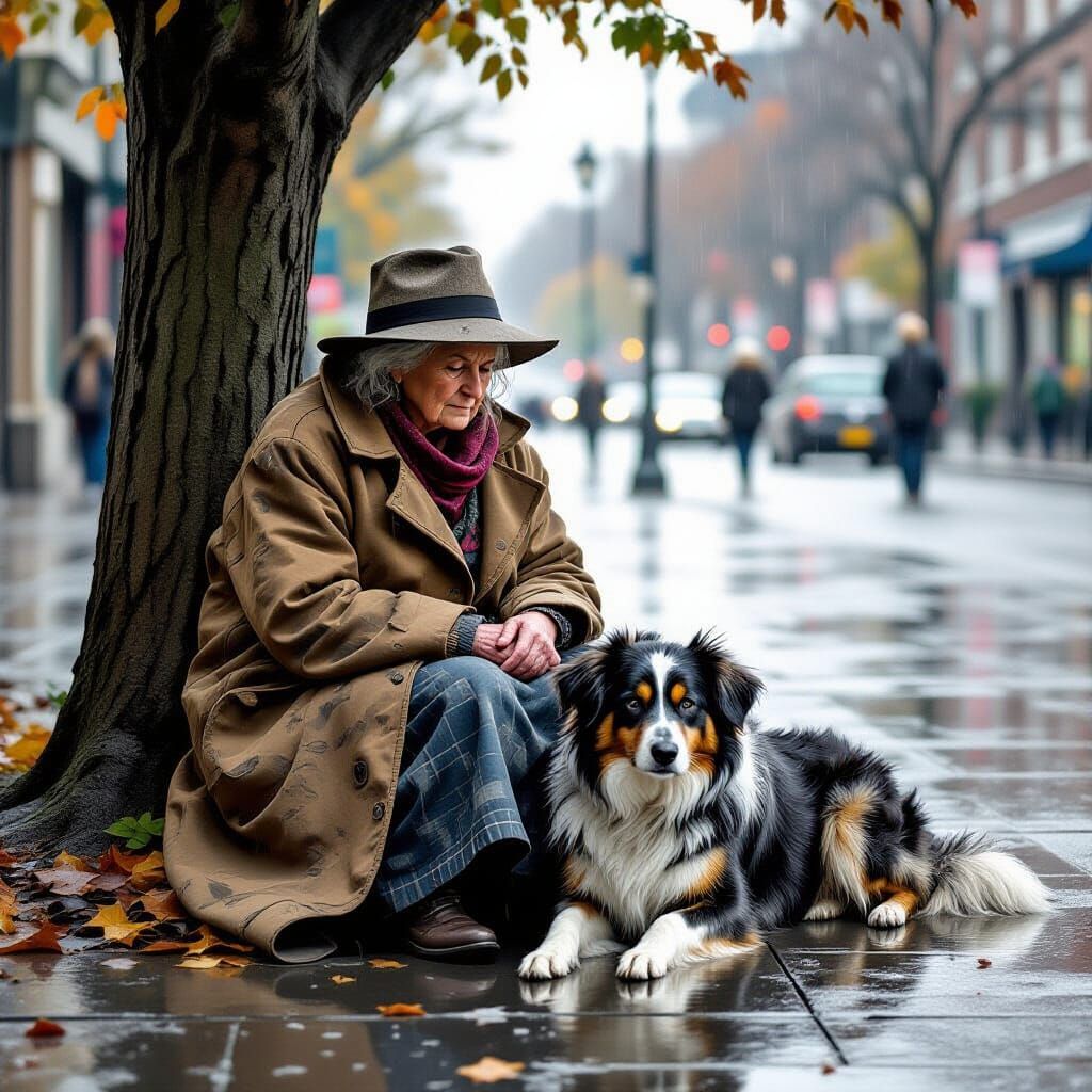 Homeless Woman and Dog in Rain