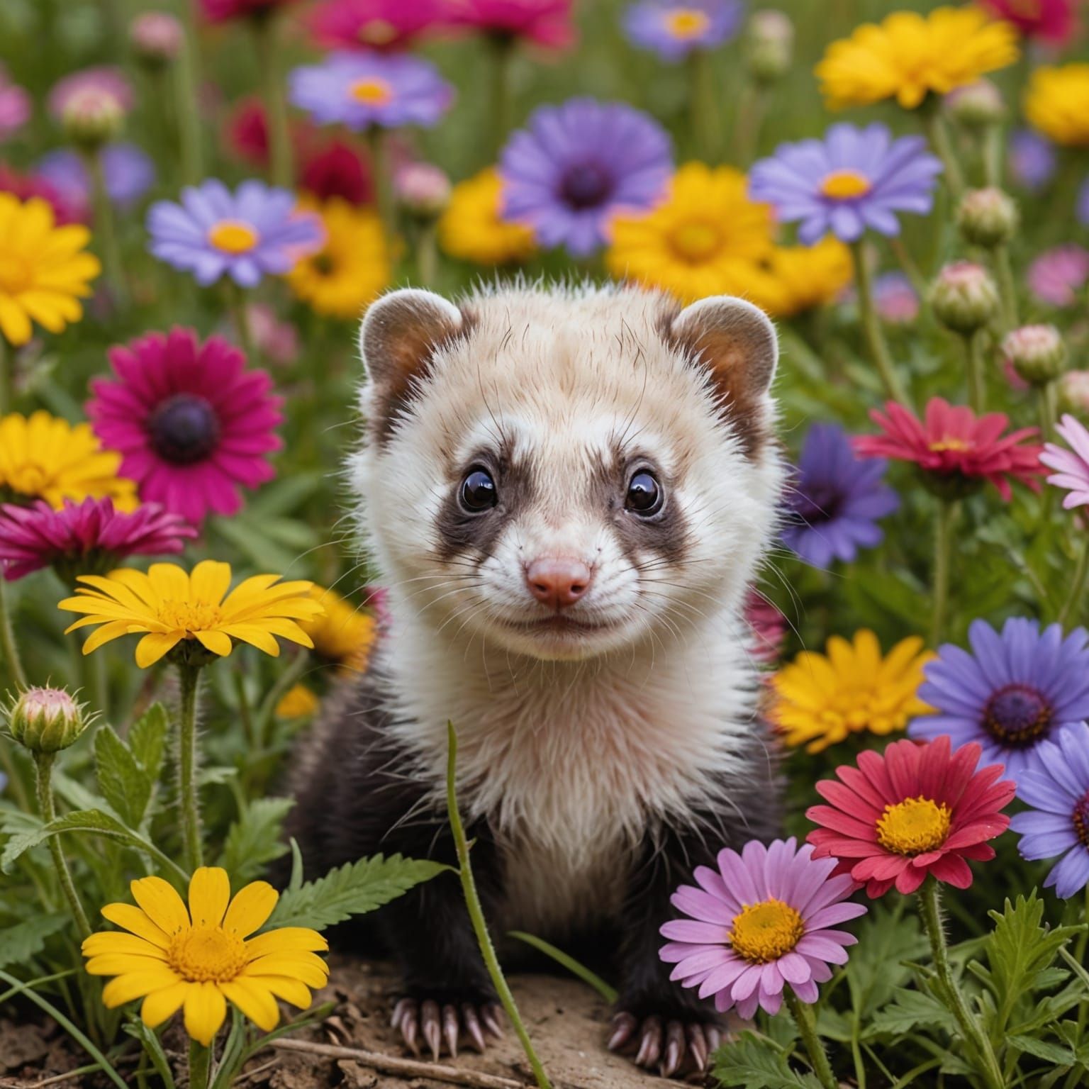 Baby Ferret Peeking from a Bed of Wildflowers