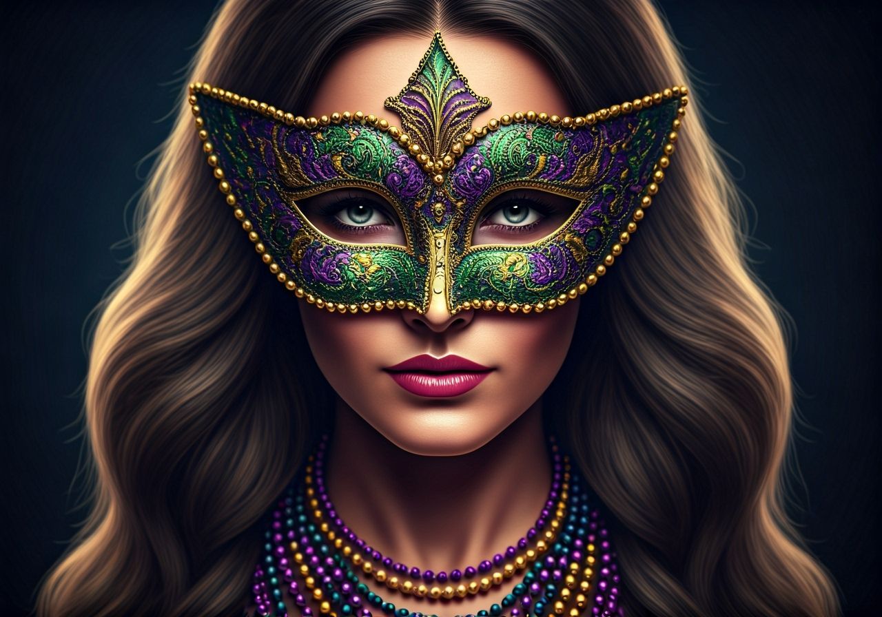 Woman in Ornate Mardi Gras Mask, Cinematic Film Still