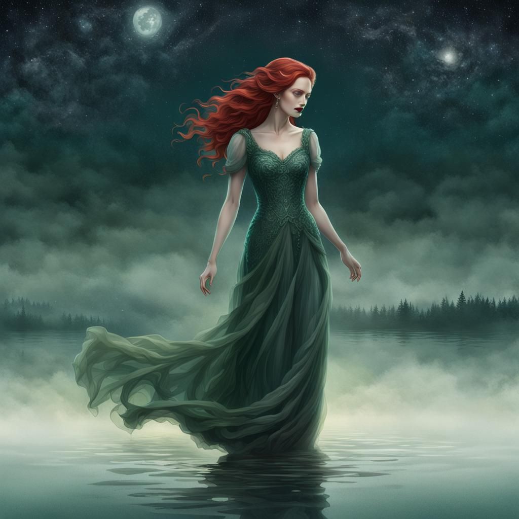 Woman in Lake at Night, Art Nouveau Style