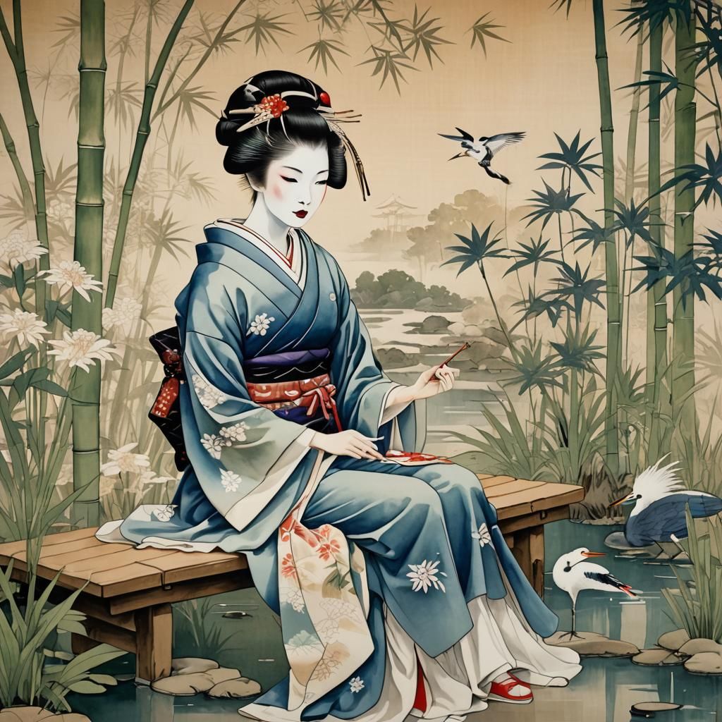 Serene Geisha in Garden: Ukiyo-e Style Watercolor