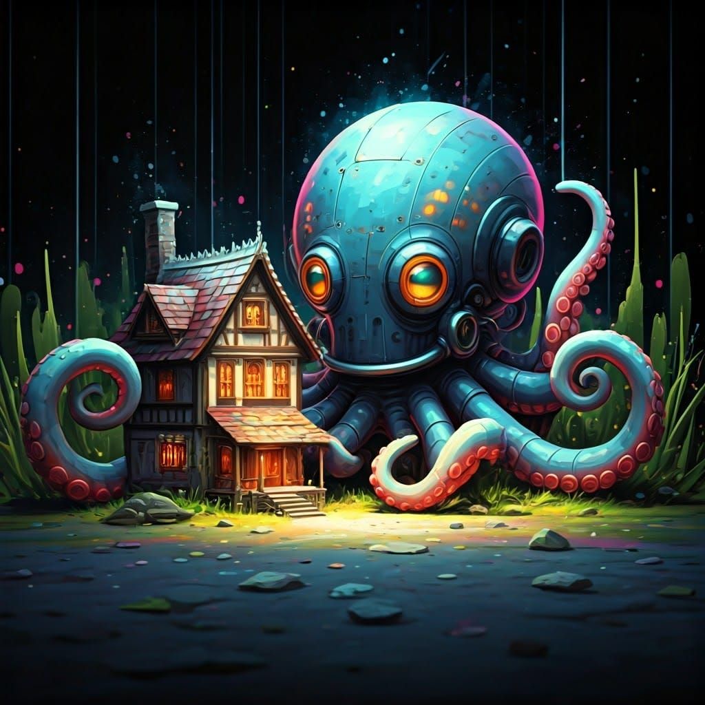 Robot Octopus Guards House in Graffiti Art Style
