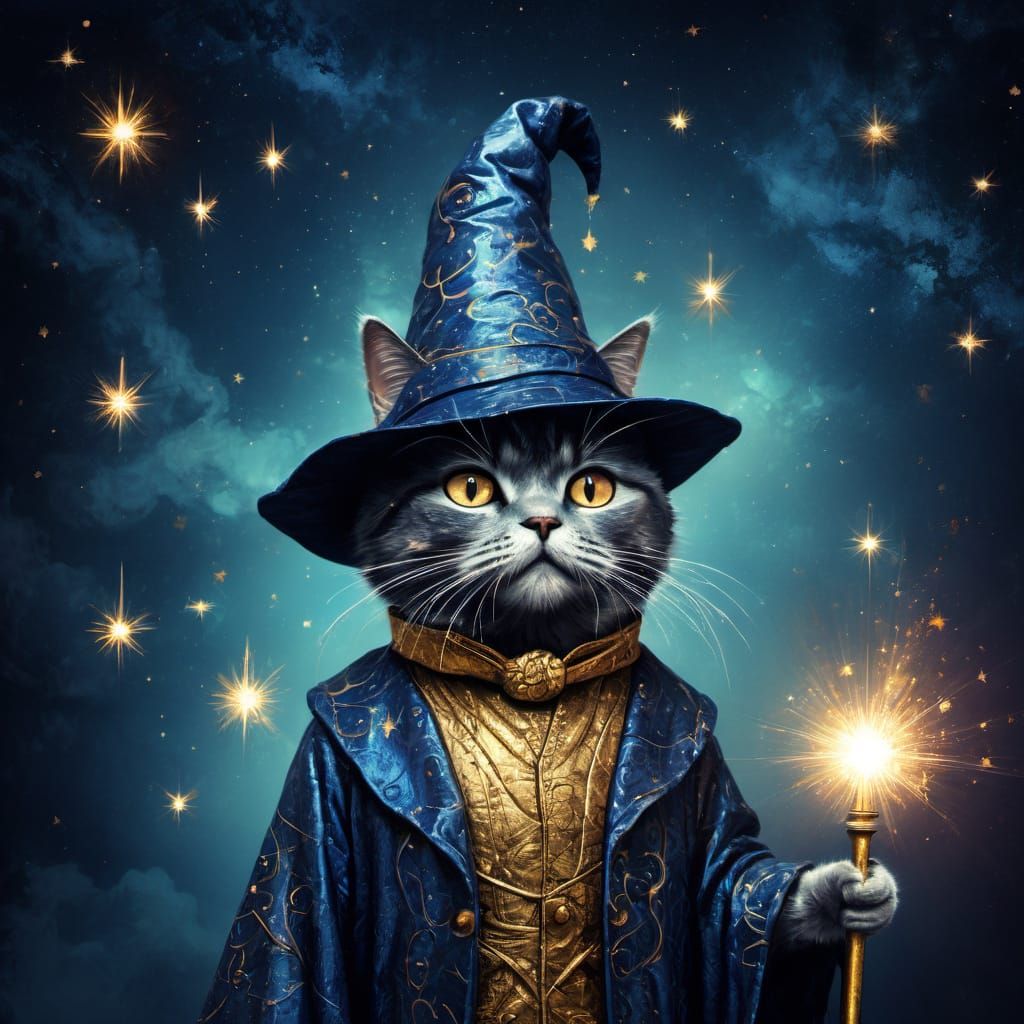 Whimsical Wizard Cat in Vintage Printmaking Style