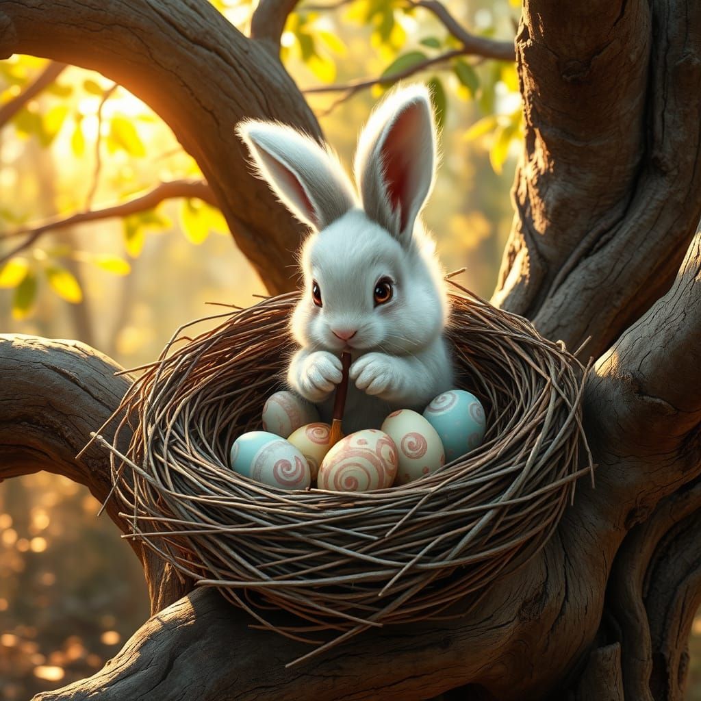Whimsical Bunny Paints Eggs in a Bird's Nest, Hyperrealistic...