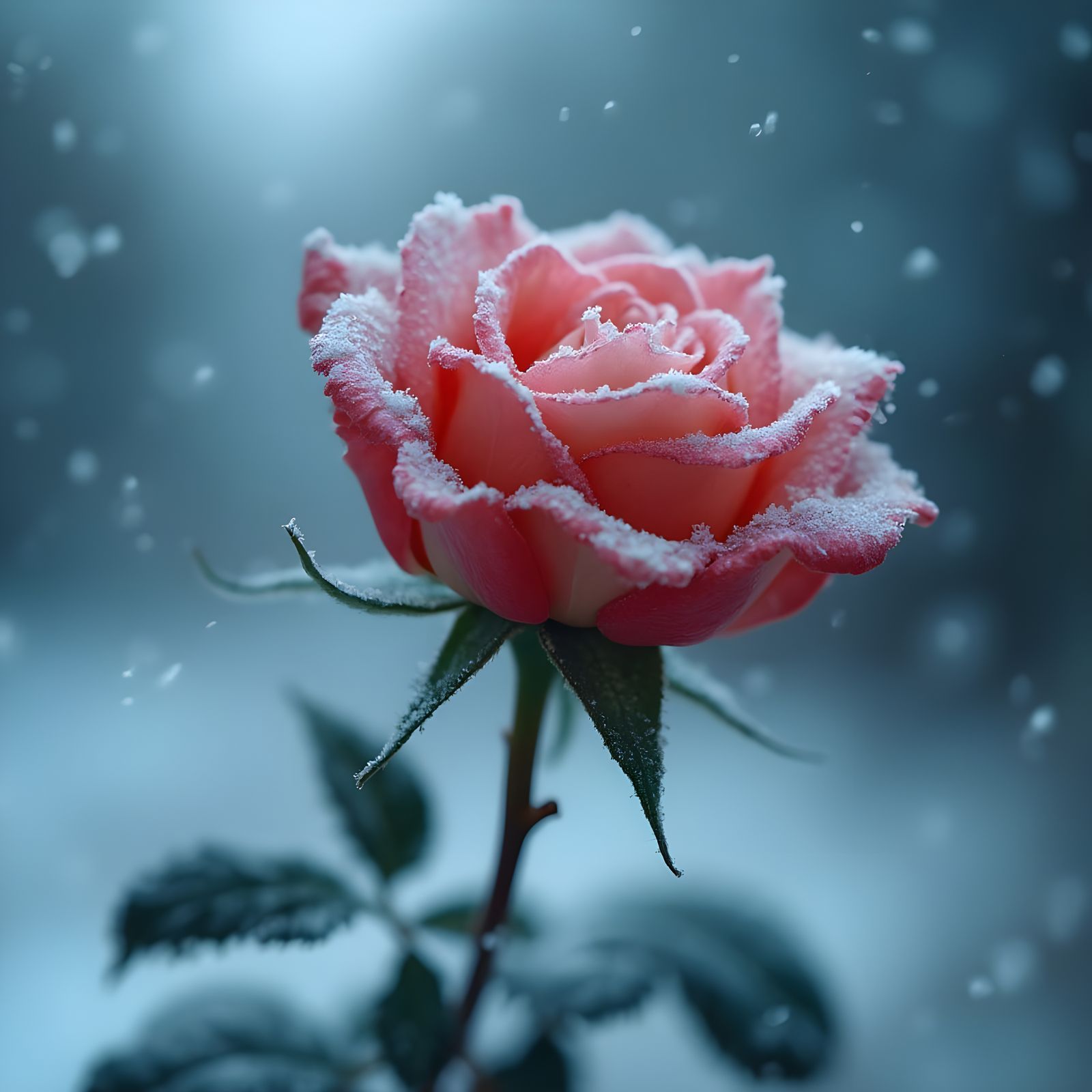 Frosted Rose in Blizzard, Hyperrealistic Photography