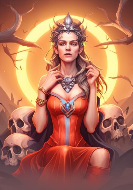 Witch Goddess on Skull Throne, Digital Art