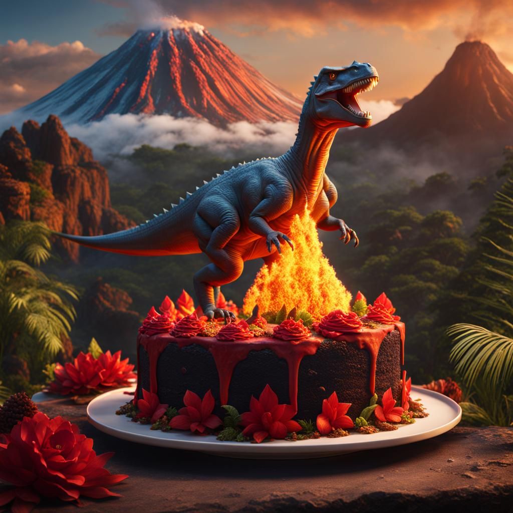 Dinosaur Birthday Cake with Volcano: Detailed Matte Painting