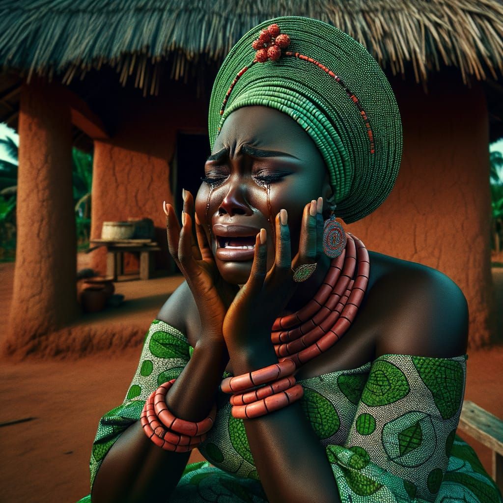 Sorrowful Igbo Princess in Green Ankara with Beaded Crown
