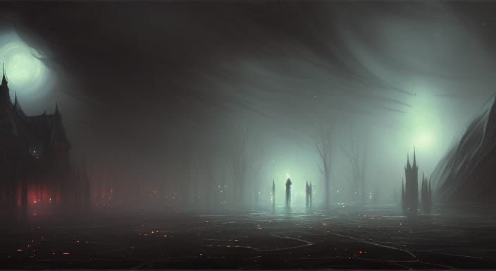 An eerie night sky, surrounded by dark forbidding entities a...