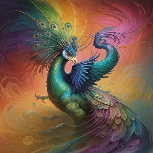 Peacock Dragon Woman in Abstract Expressionist Style