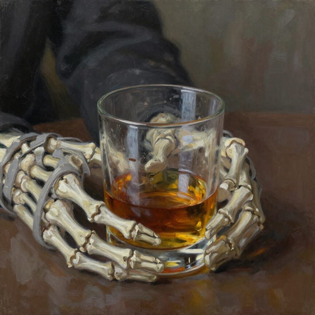 Skeleton's Grasp: Expressive Oil Painting of Alcoholism