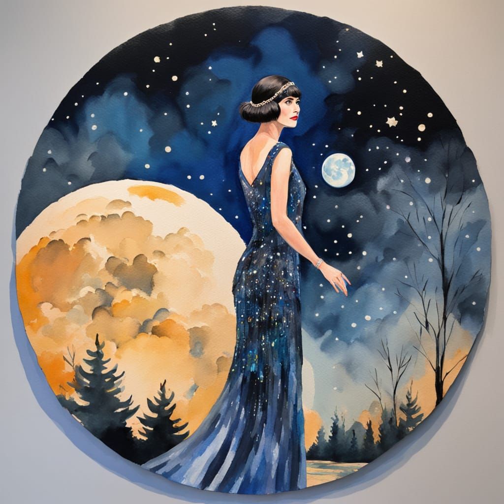 Flapper Girl and Moon in Gouache Watercolor Style