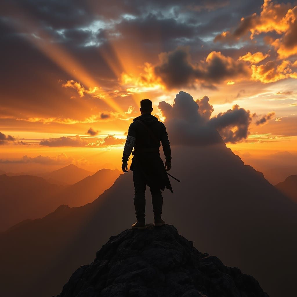 Lone Man on Windswept Peak at Sunset