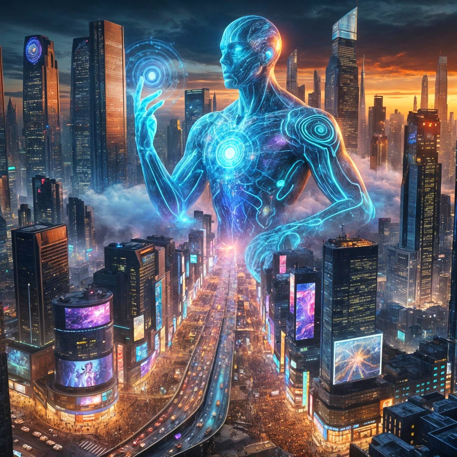 Cyberpunk Guardian Rises Over Cityscape at Dusk